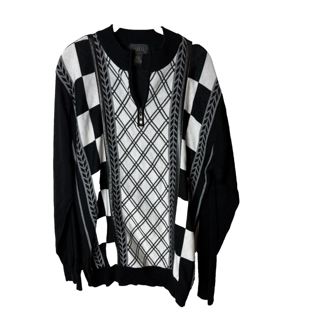 MIKO Mens Sweater Size Large 1/4 Zip Wool Blend Black White Gray Long Sleeves